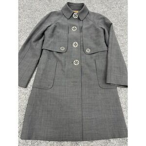 Tory Burch Women's 8 Wool Blend A-Line Jacket Overcoat Gray Logo Buttons -*READ*